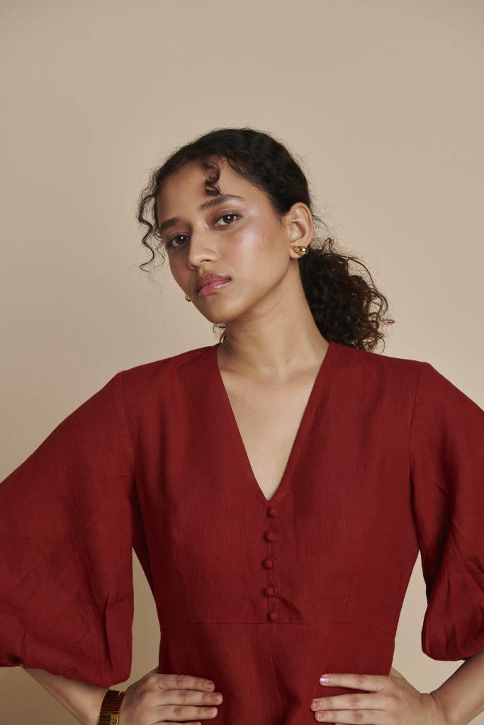 Anaar Linen Billow Dress linen by Saphed in red color for women Worldwide