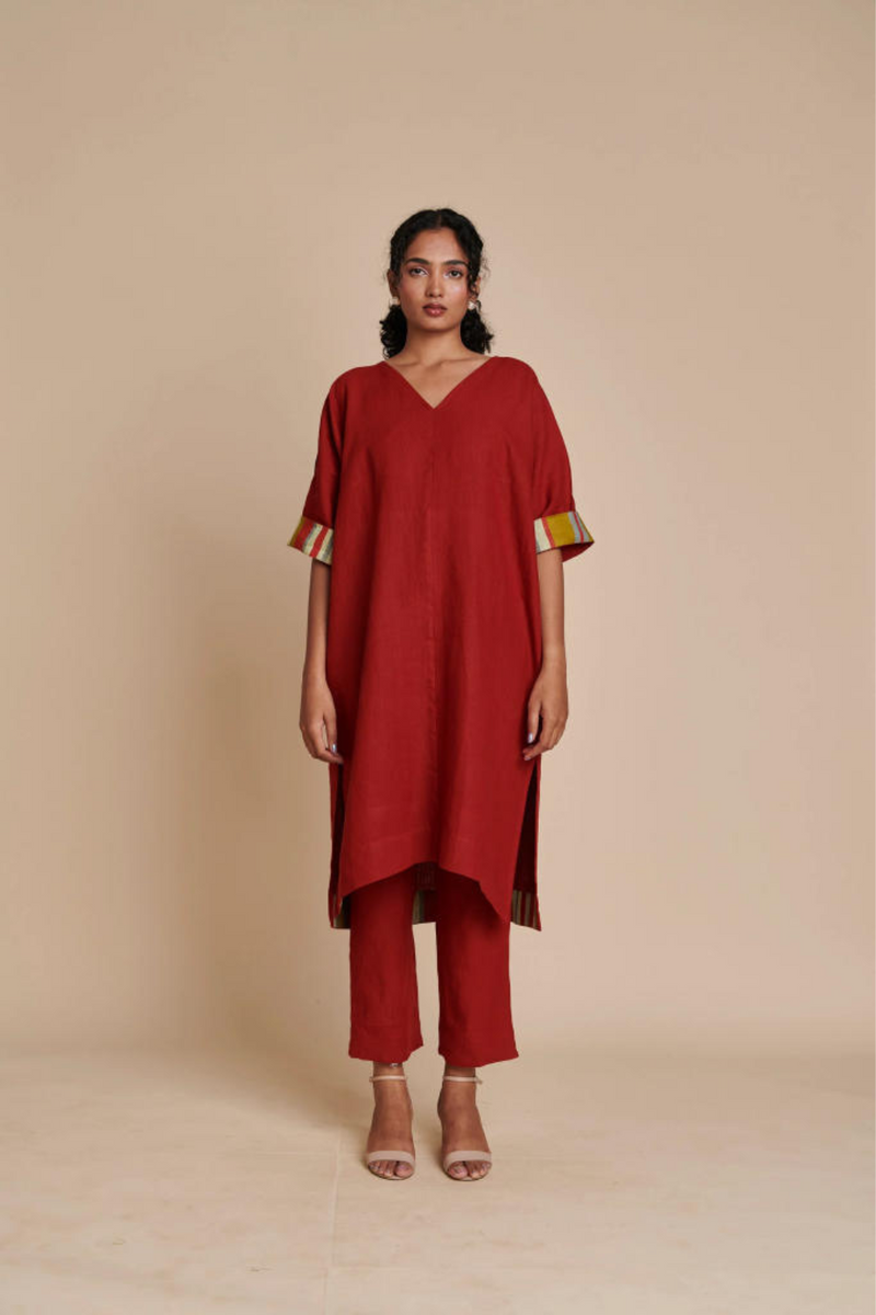 Anaar Linen Dolman Kurta Set linen by Saphed in red color for women Worldwide