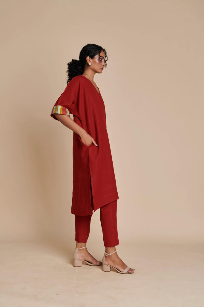 Anaar Linen Dolman Kurta Set linen by Saphed in red color for women Worldwide