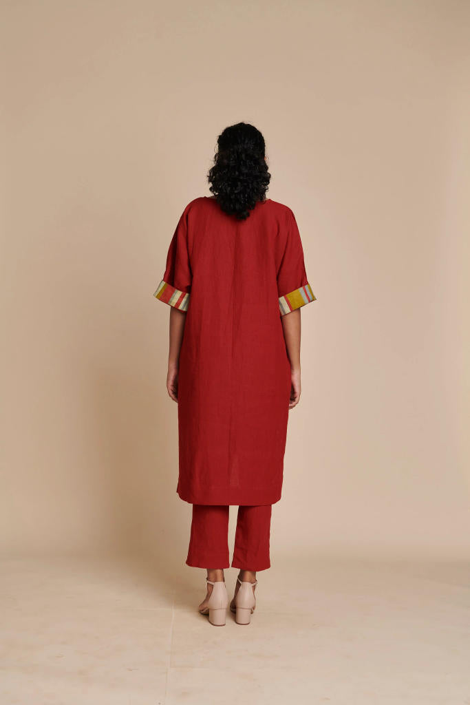 Anaar Linen Dolman Kurta Set linen by Saphed in red color for women Worldwide