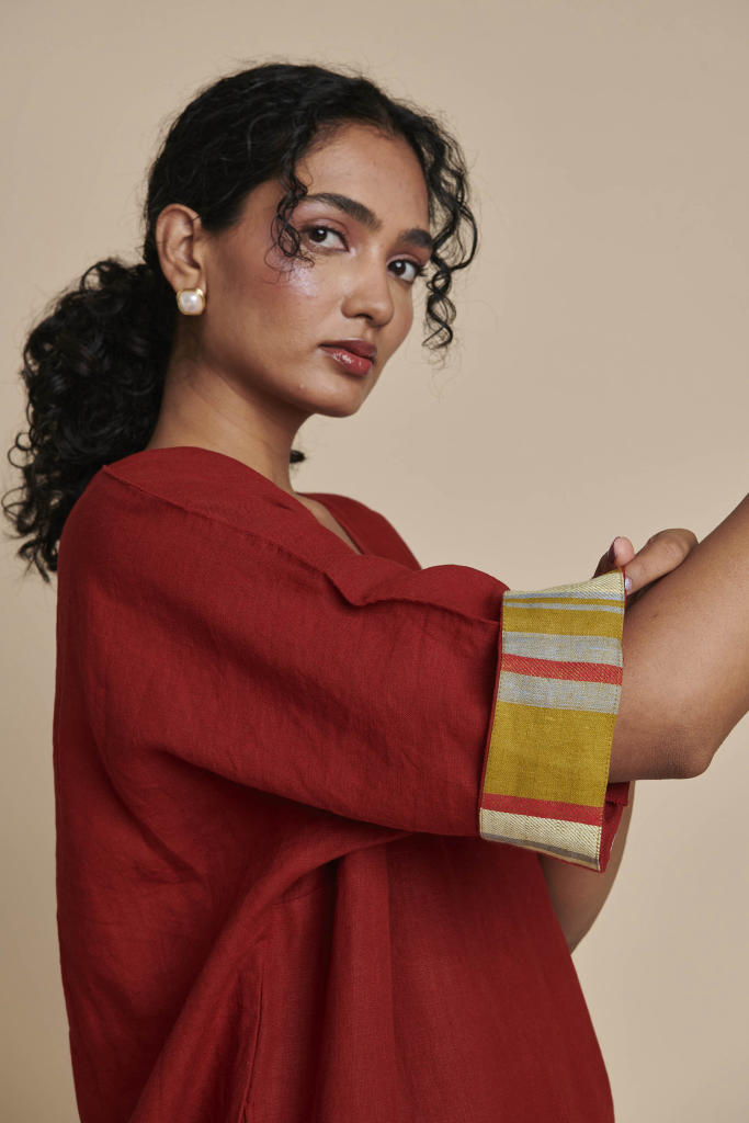 Anaar Linen Dolman Kurta Set linen by Saphed in red color for women Worldwide