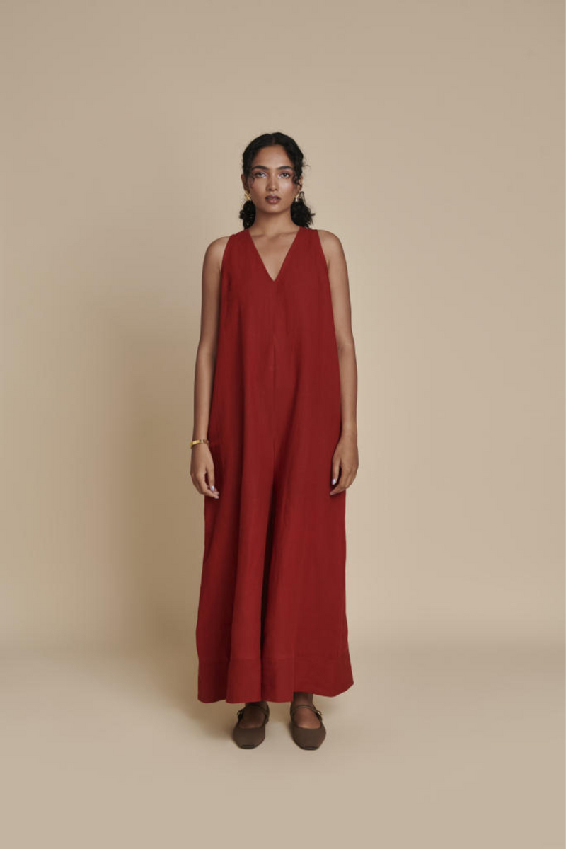 Anaar Linen Flared Jumpsuit linen by Saphed in red color for women Worldwide