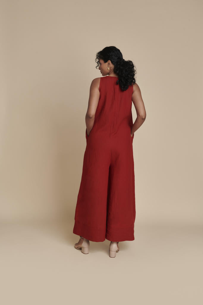 Anaar Linen Flared Jumpsuit linen by Saphed in red color for women Worldwide