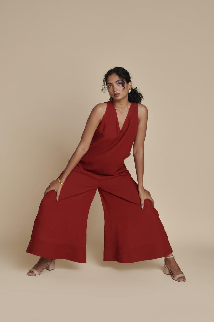 Anaar Linen Flared Jumpsuit linen by Saphed in red color for women Worldwide