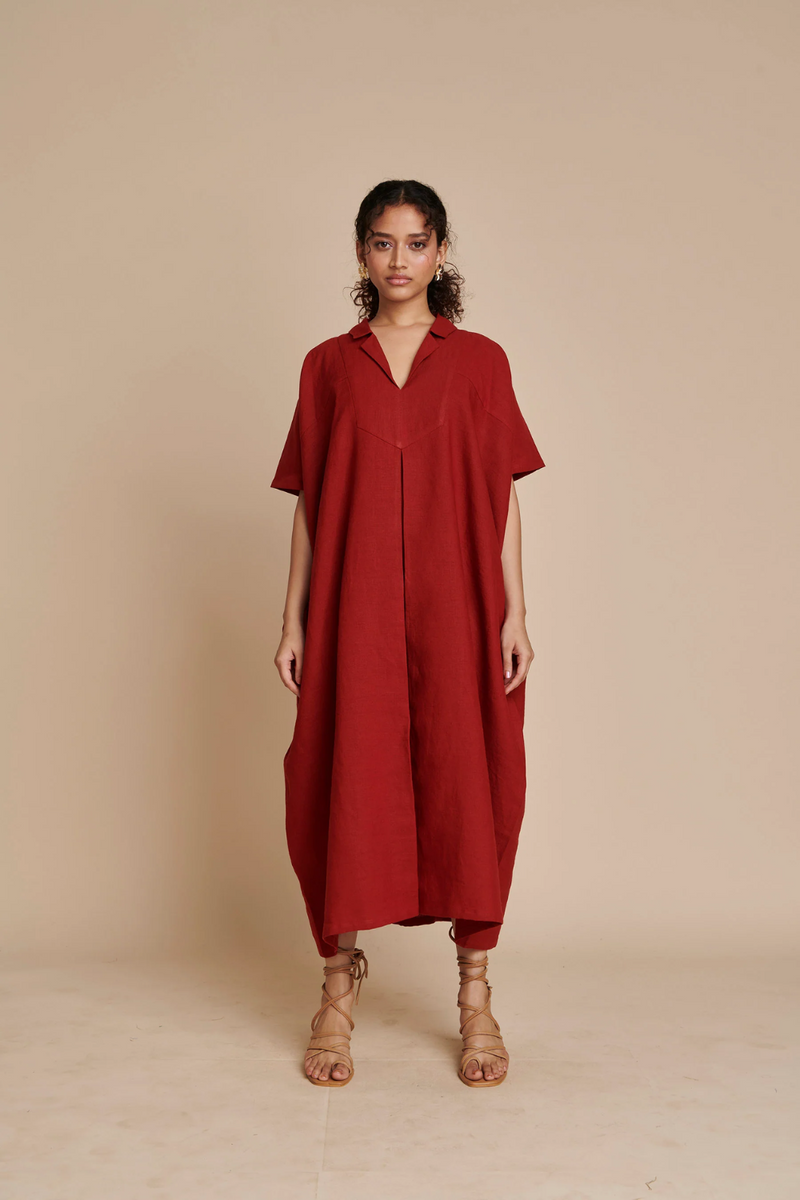 Anaar Linen Kaftan Dress linen by Saphed in red color for women Worldwide