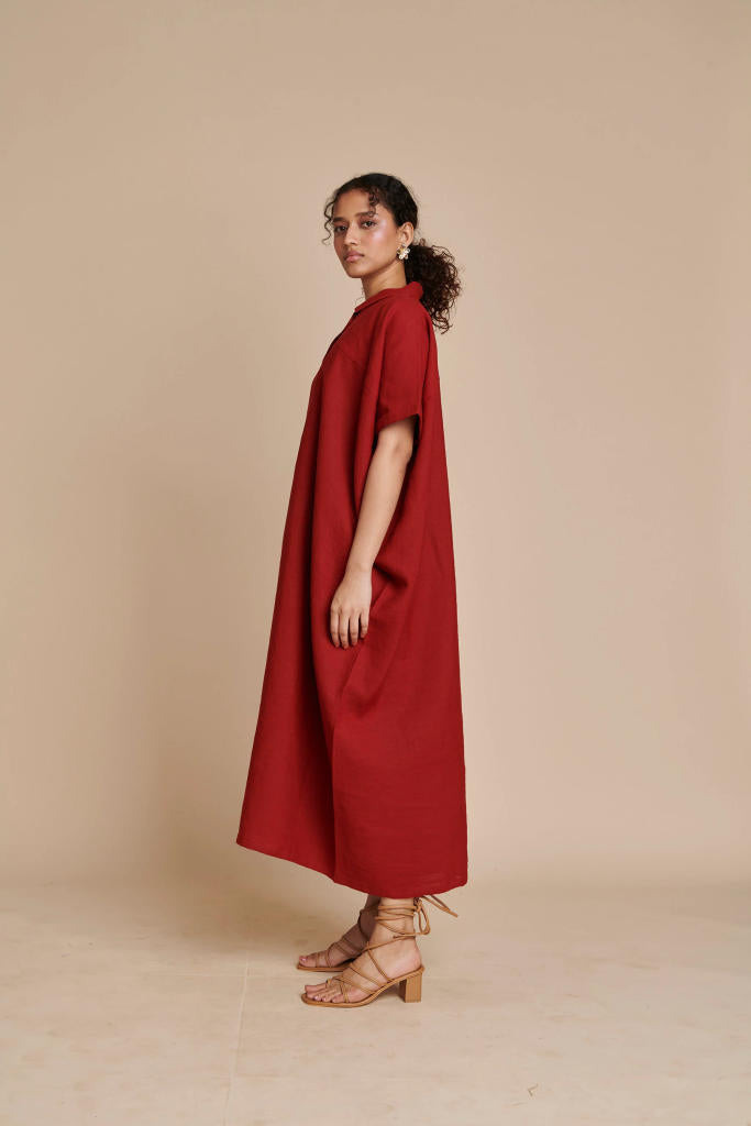 Anaar Linen Kaftan Dress linen by Saphed in red color for women Worldwide