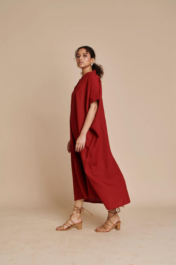 Anaar Linen Kaftan Dress linen by Saphed in red color for women Worldwide