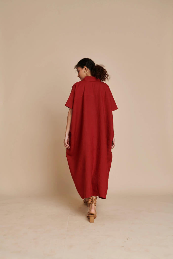 Anaar Linen Kaftan Dress linen by Saphed in red color for women Worldwide