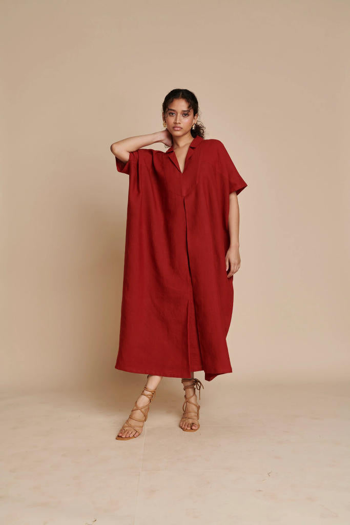 Anaar Linen Kaftan Dress linen by Saphed in red color for women Worldwide