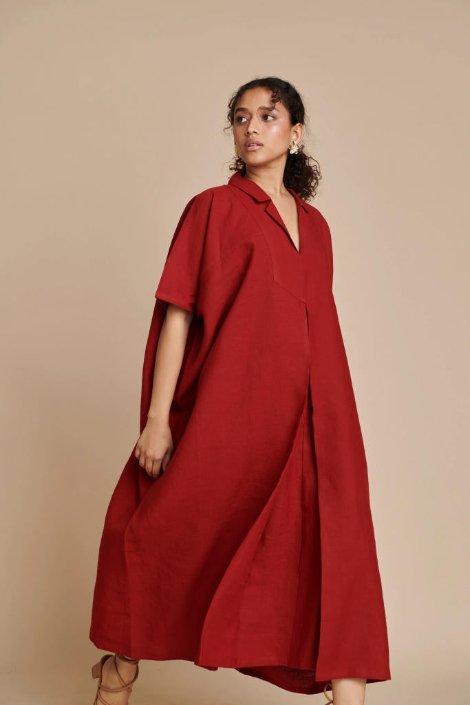 Anaar Linen Kaftan Dress linen by Saphed in red color for women Worldwide