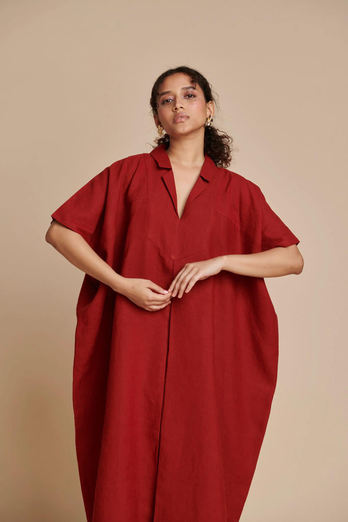 Anaar Linen Kaftan Dress linen by Saphed in red color for women Worldwide