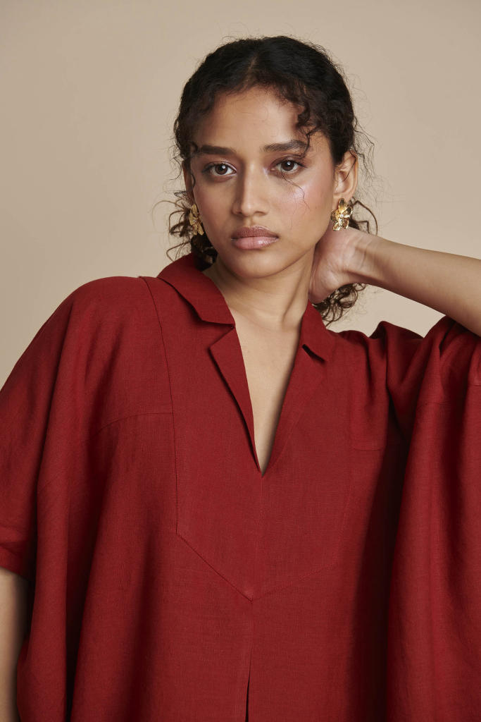 Anaar Linen Kaftan Dress linen by Saphed in red color for women Worldwide