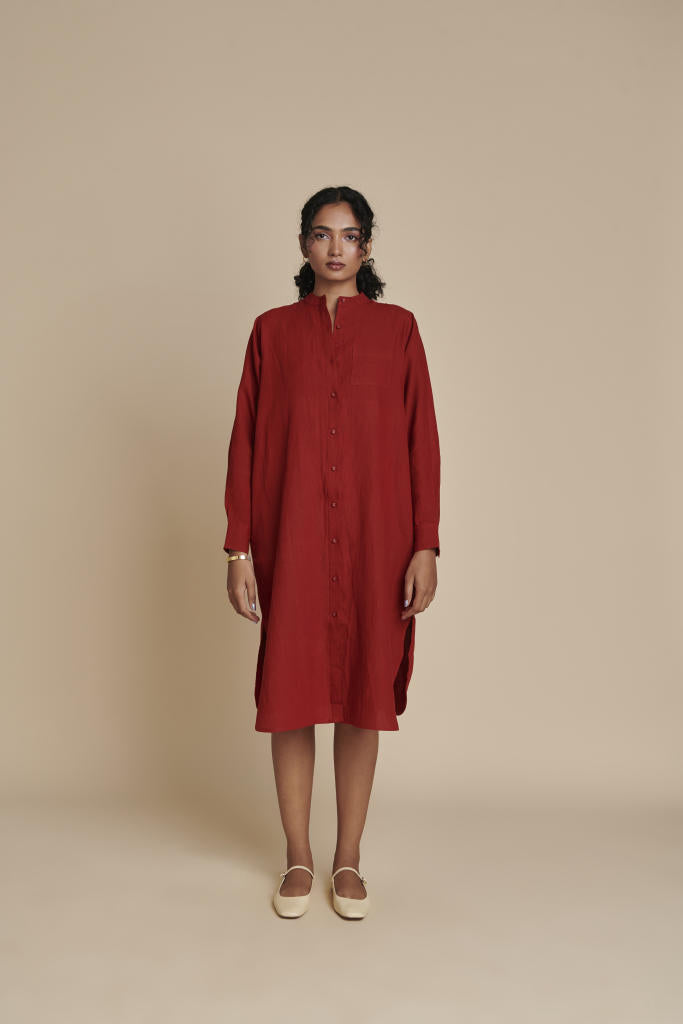 Anaar Linen Shirt Dress linen by Saphed in red color for women Worldwide