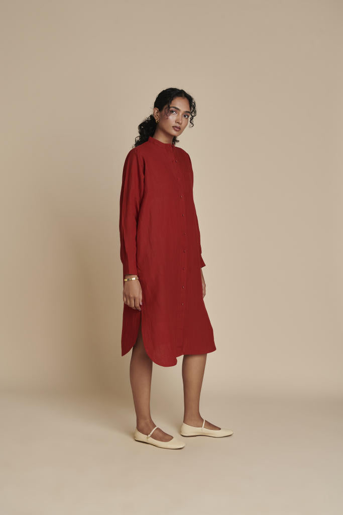 Anaar Linen Shirt Dress linen by Saphed in red color for women Worldwide