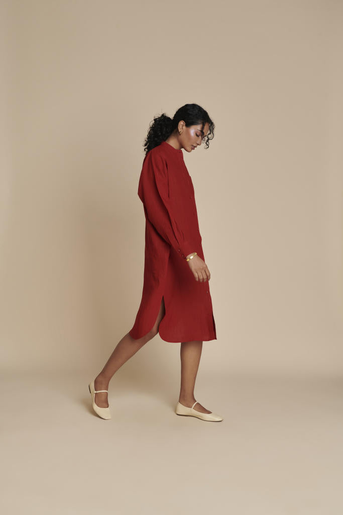 Anaar Linen Shirt Dress linen by Saphed in red color for women Worldwide
