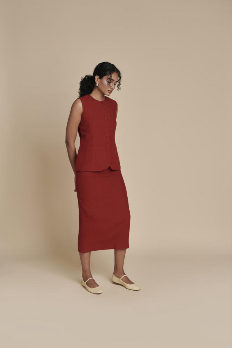 Anaar Linen Vest & Column Skirt Set linen by Saphed in red color for women Worldwide