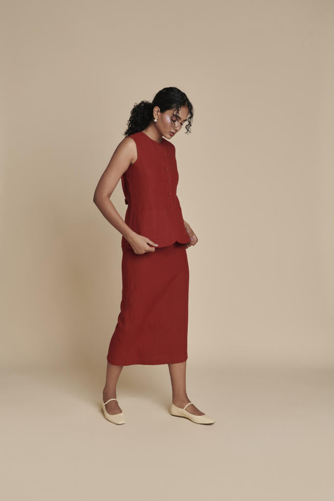 Anaar Linen Vest & Column Skirt Set linen by Saphed in red color for women Worldwide