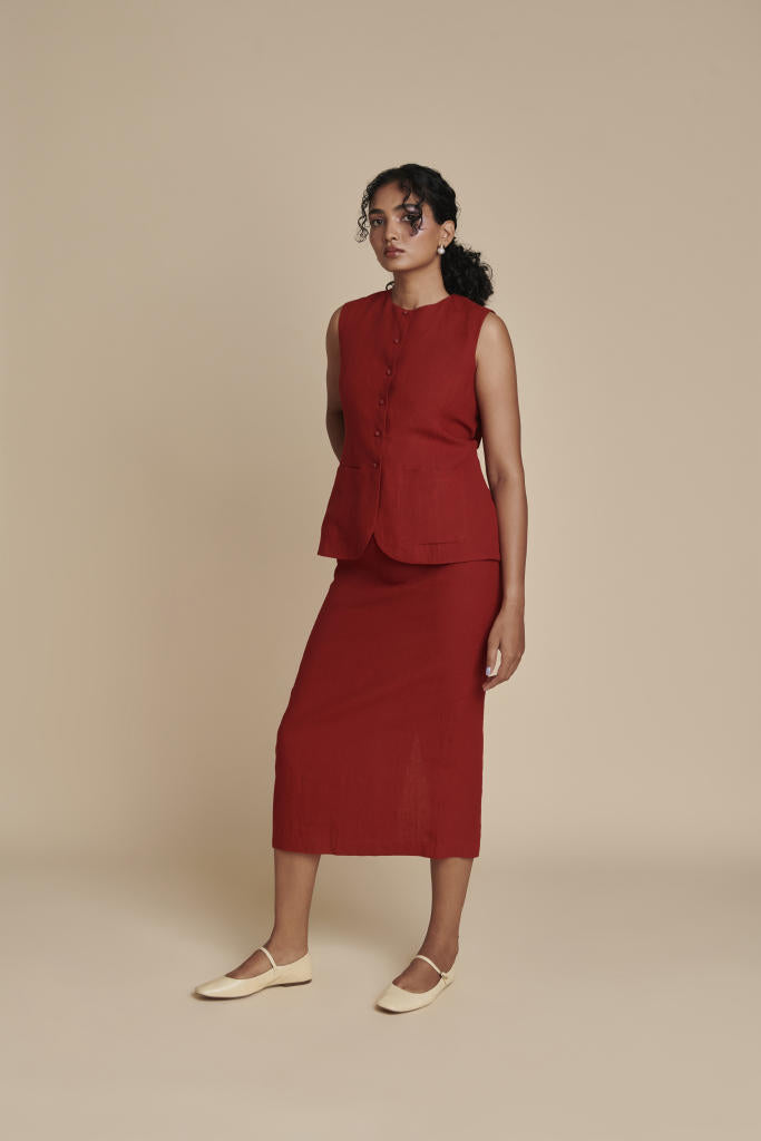 Anaar Linen Vest & Column Skirt Set linen by Saphed in red color for women Worldwide