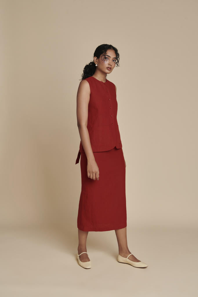 Anaar Linen Vest & Column Skirt Set linen by Saphed in red color for women Worldwide