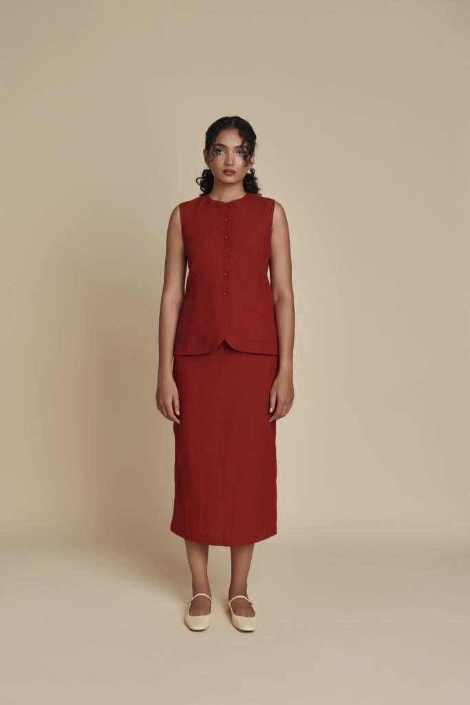 Anaar Linen Vest & Column Skirt Set linen by Saphed in red color for women Worldwide