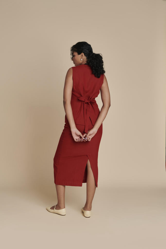 Anaar Linen Vest & Column Skirt Set linen by Saphed in red color for women Worldwide