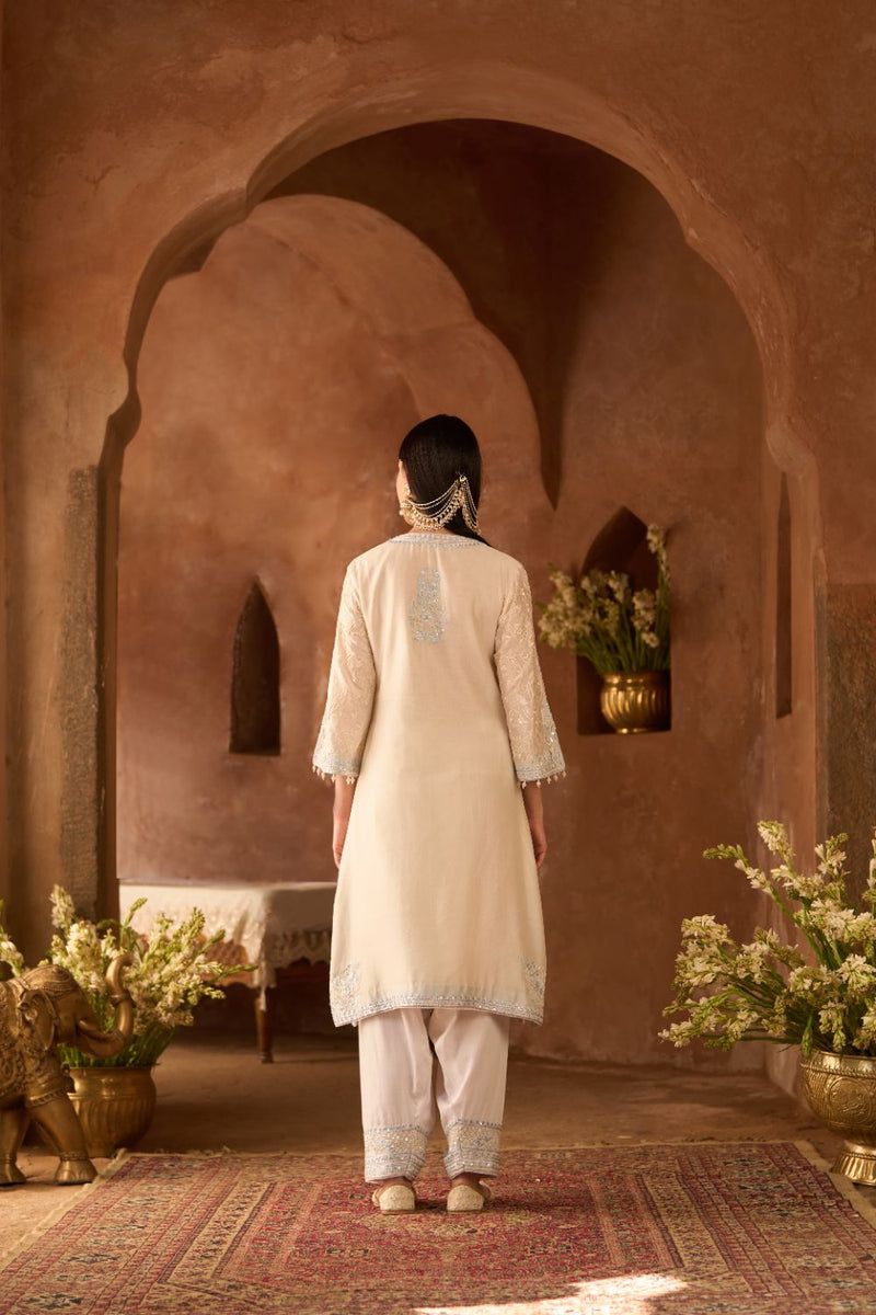 ANAM - DAISY IVORY WITH BLUE A-LINE KURTA WITH SALWAR AND DUPATTA silk organza kurta/kurta set by SHEETAL BATRA in daisy ivoy with blue for women Worldwide