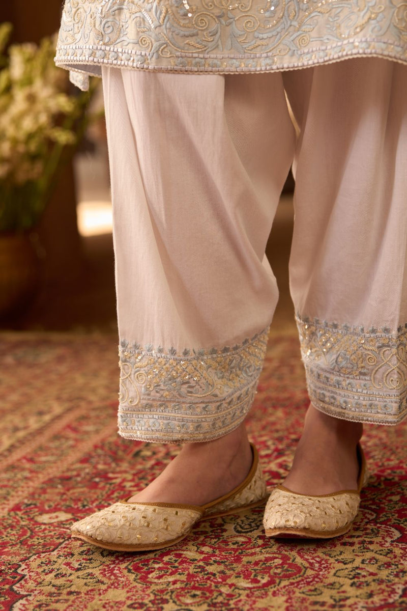 ANAM - DAISY IVORY WITH BLUE A-LINE KURTA WITH SALWAR AND DUPATTA silk organza kurta/kurta set by SHEETAL BATRA in daisy ivoy with blue for women Worldwide