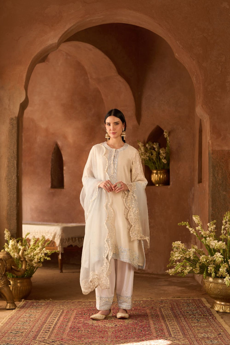 ANAM - DAISY IVORY WITH BLUE A-LINE KURTA WITH SALWAR AND DUPATTA silk organza kurta/kurta set by SHEETAL BATRA in daisy ivoy with blue for women Worldwide