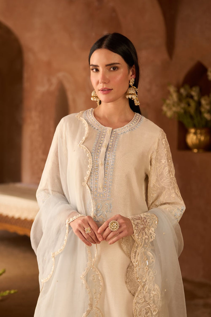ANAM - DAISY IVORY WITH BLUE A-LINE KURTA WITH SALWAR AND DUPATTA silk organza kurta/kurta set by SHEETAL BATRA in daisy ivoy with blue for women Worldwide