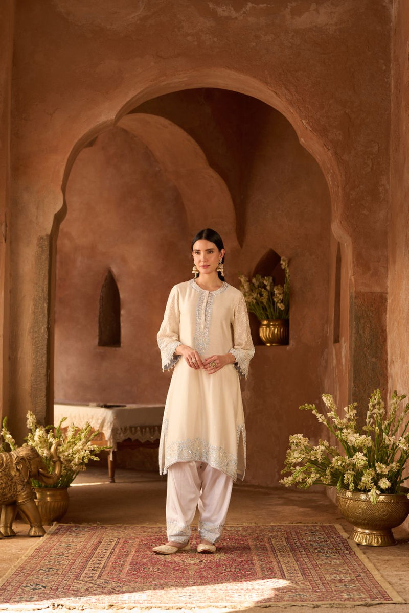 ANAM - DAISY IVORY WITH BLUE A-LINE KURTA WITH SALWAR AND DUPATTA silk organza kurta/kurta set by SHEETAL BATRA in daisy ivoy with blue for women Worldwide
