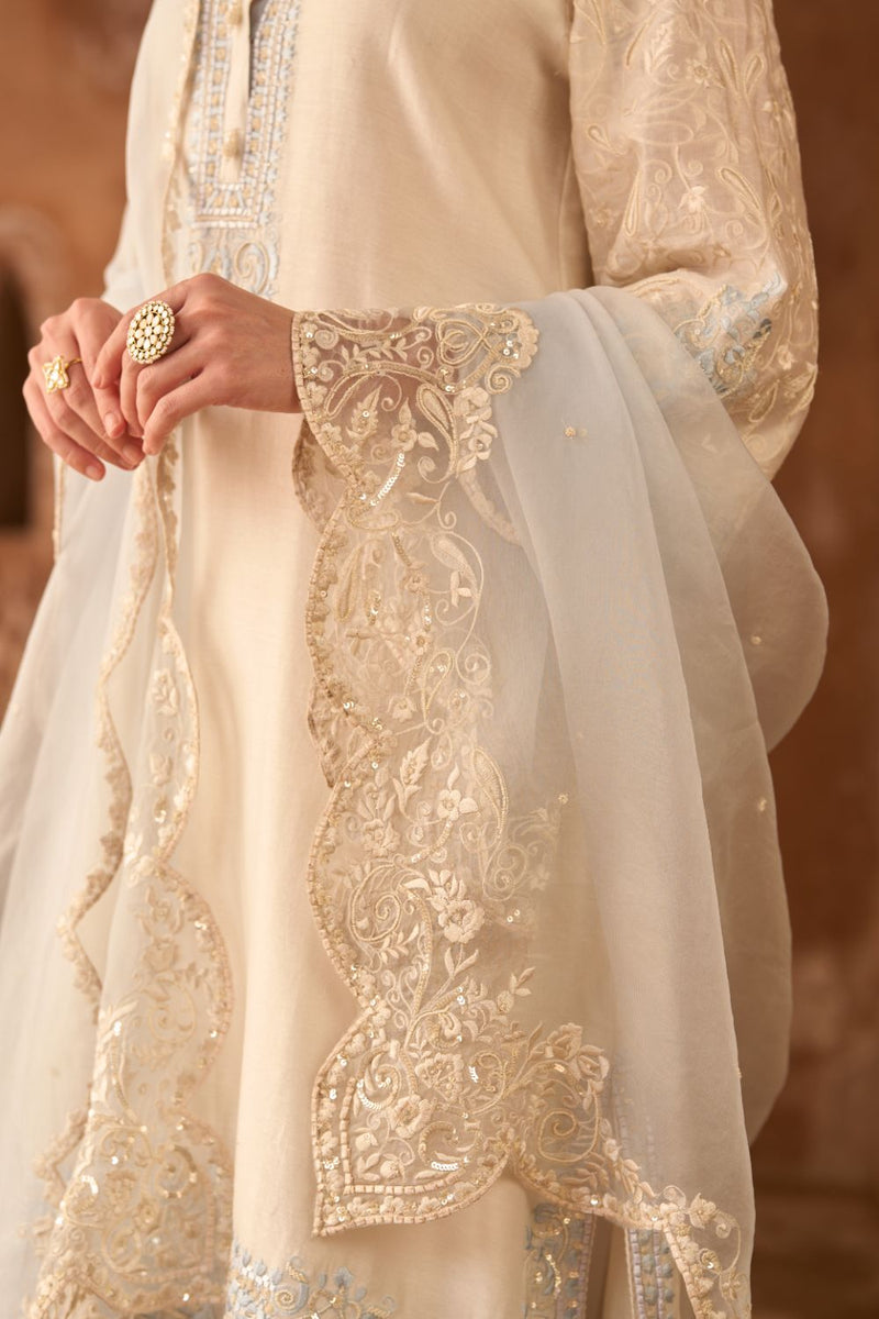 ANAM - DAISY IVORY WITH BLUE A-LINE KURTA WITH SALWAR AND DUPATTA silk organza kurta/kurta set by SHEETAL BATRA in daisy ivoy with blue for women Worldwide