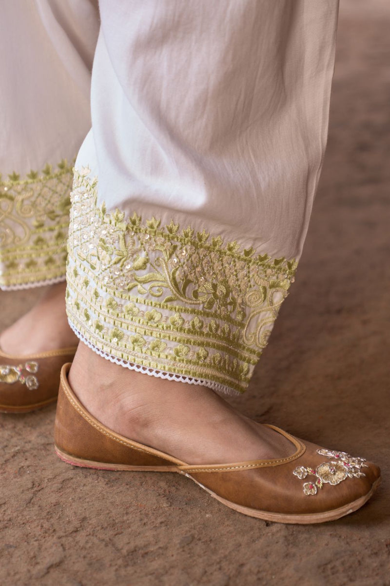 ANAM - DAISY IVORY WITH MINT GREEN A-LINE KURTA WITH SALWAR AND DUPATTA silk organza kurta/kurta set by SHEETAL BATRA in daisy ivoy with mint green for women Worldwide