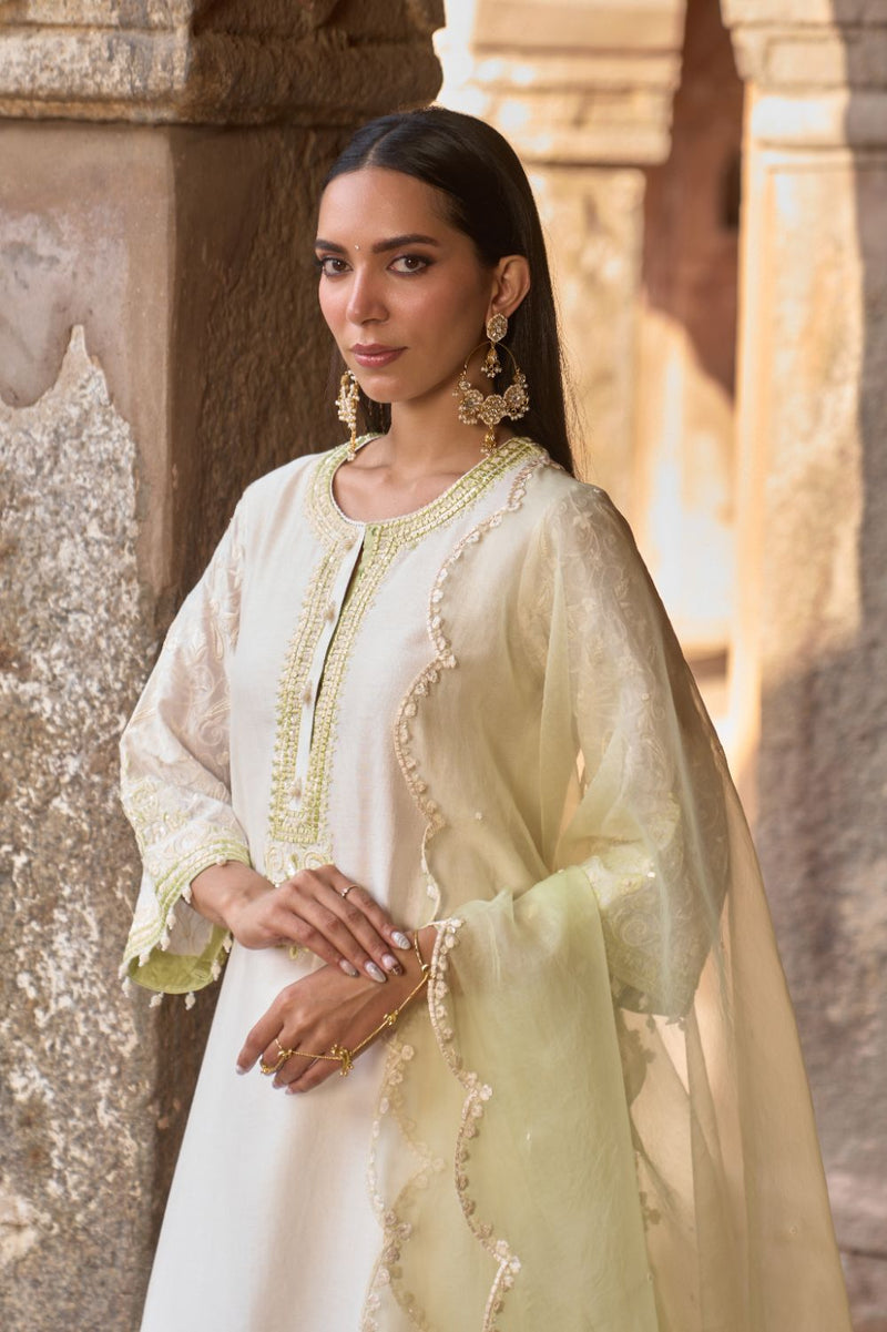 ANAM - DAISY IVORY WITH MINT GREEN A-LINE KURTA WITH SALWAR AND DUPATTA silk organza kurta/kurta set by SHEETAL BATRA in daisy ivoy with mint green for women Worldwide