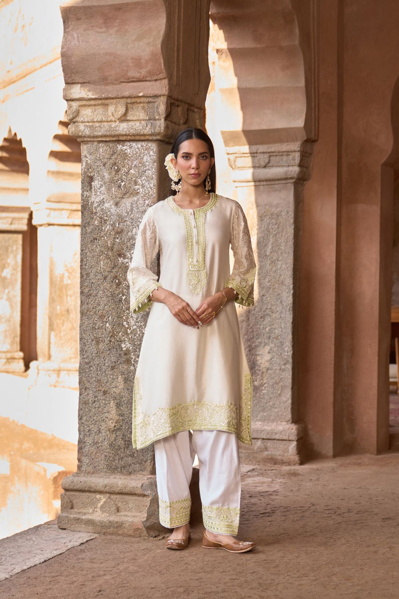 ANAM - DAISY IVORY WITH MINT GREEN A-LINE KURTA WITH SALWAR AND DUPATTA silk organza kurta/kurta set by SHEETAL BATRA in daisy ivoy with mint green for women Worldwide