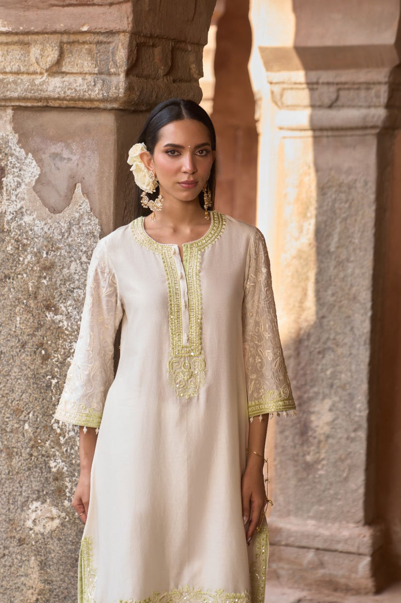 ANAM - DAISY IVORY WITH MINT GREEN A-LINE KURTA WITH SALWAR AND DUPATTA silk organza kurta/kurta set by SHEETAL BATRA in daisy ivoy with mint green for women Worldwide