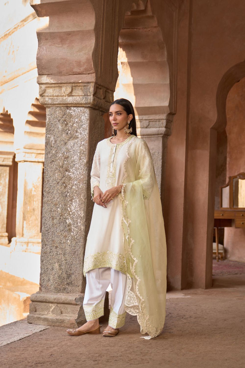 ANAM - DAISY IVORY WITH MINT GREEN A-LINE KURTA WITH SALWAR AND DUPATTA silk organza kurta/kurta set by SHEETAL BATRA in daisy ivoy with mint green for women Worldwide