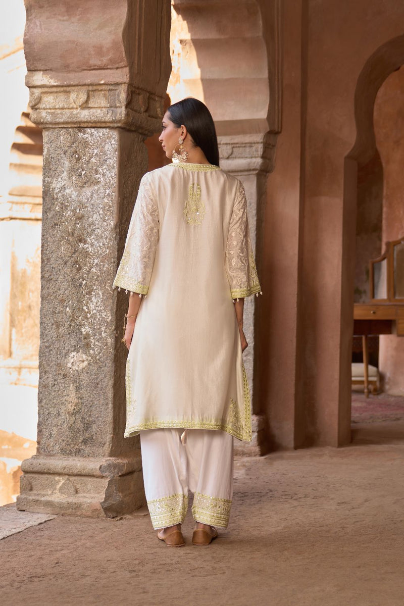 ANAM - DAISY IVORY WITH MINT GREEN A-LINE KURTA WITH SALWAR AND DUPATTA silk organza kurta/kurta set by SHEETAL BATRA in daisy ivoy with mint green for women Worldwide