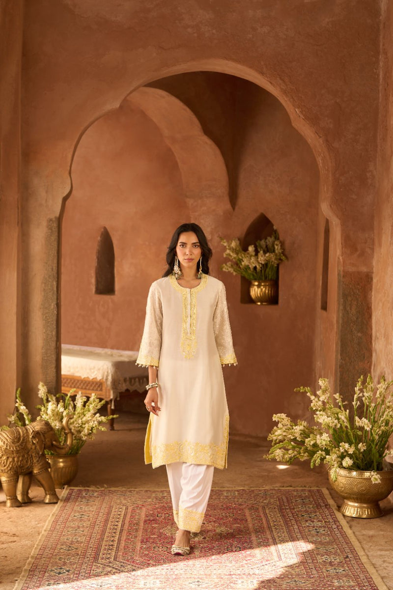 ANAM - DAISY IVORY WITH LEMON YELLOW A-LINE KURTA WITH SALWAR AND DUPATTA silk organza kurta/kurta set by SHEETAL BATRA in daisy ivoy with lemon yellow for women Worldwide