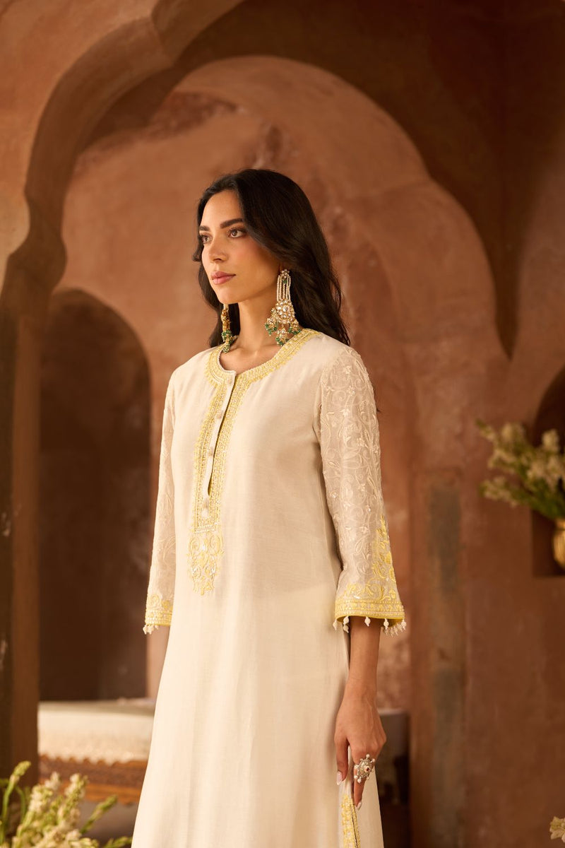 ANAM - DAISY IVORY WITH LEMON YELLOW A-LINE KURTA WITH SALWAR AND DUPATTA silk organza kurta/kurta set by SHEETAL BATRA in daisy ivoy with lemon yellow for women Worldwide