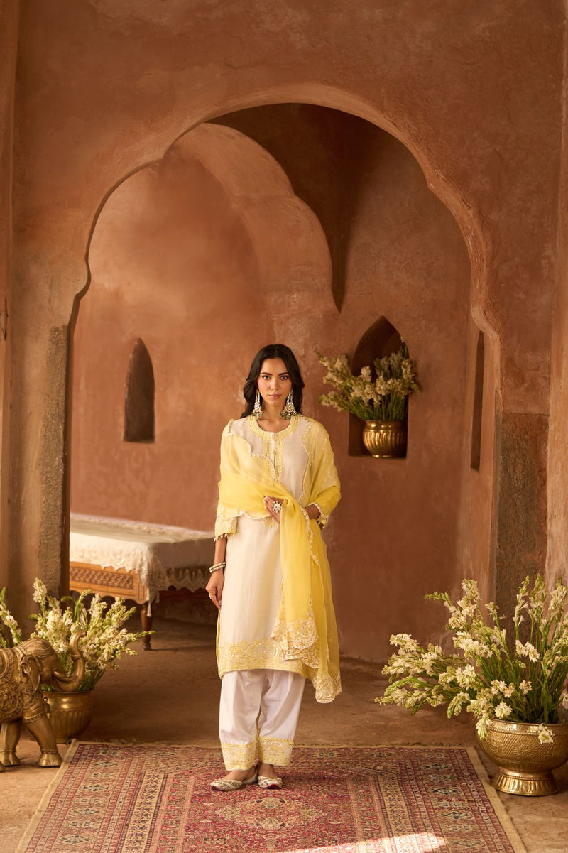 ANAM - DAISY IVORY WITH LEMON YELLOW A-LINE KURTA WITH SALWAR AND DUPATTA silk organza kurta/kurta set by SHEETAL BATRA in daisy ivoy with lemon yellow for women Worldwide