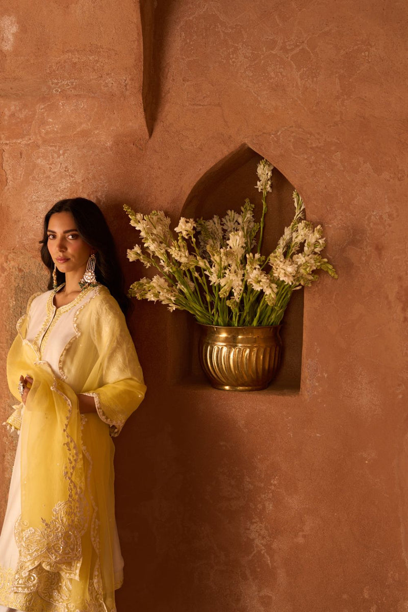 ANAM - DAISY IVORY WITH LEMON YELLOW A-LINE KURTA WITH SALWAR AND DUPATTA silk organza kurta/kurta set by SHEETAL BATRA in daisy ivoy with lemon yellow for women Worldwide