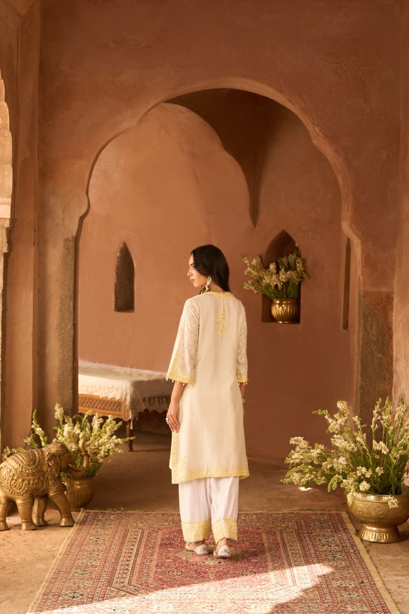 ANAM - DAISY IVORY WITH LEMON YELLOW A-LINE KURTA WITH SALWAR AND DUPATTA silk organza kurta/kurta set by SHEETAL BATRA in daisy ivoy with lemon yellow for women Worldwide
