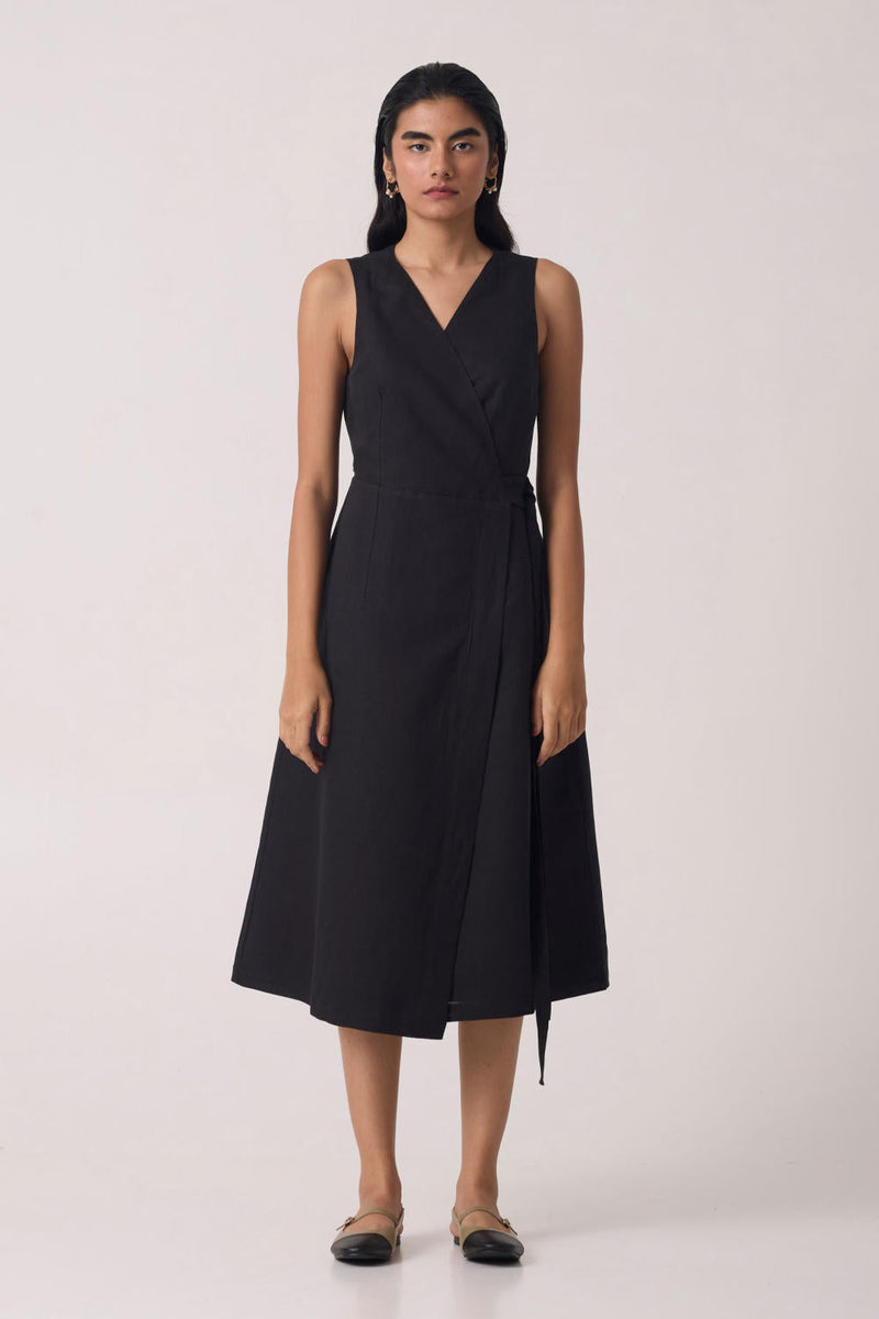 Arandi Black Wrap Dress cotton by The Summer House in black color for women in Worldwide