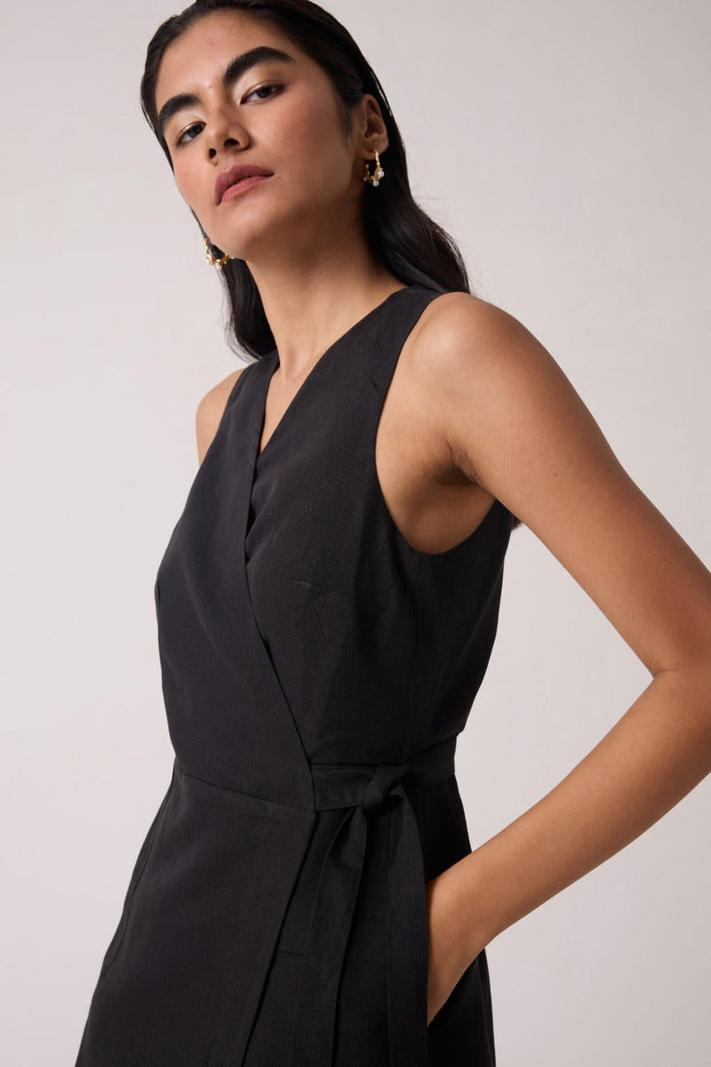 Arandi Black Wrap Dress cotton by The Summer House in black color for women in Worldwide