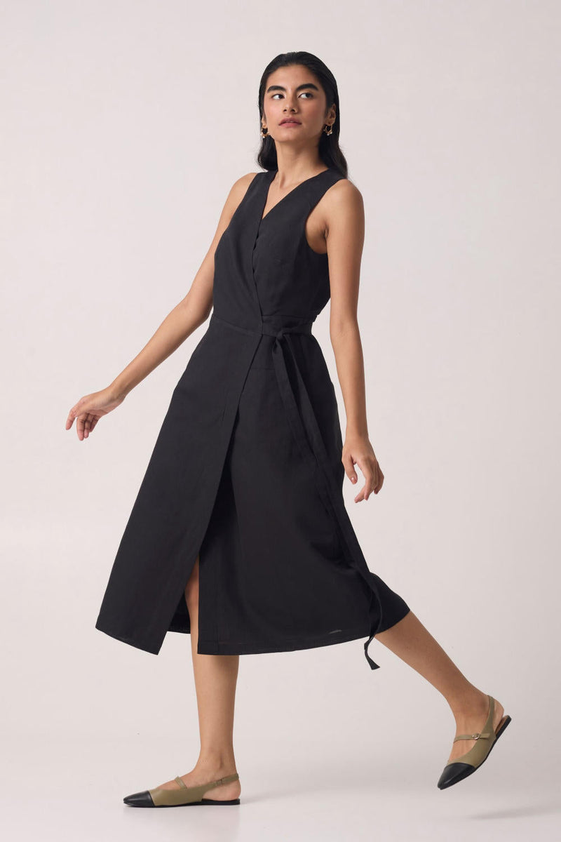 Arandi Black Wrap Dress cotton by The Summer House in black color for women in Worldwide