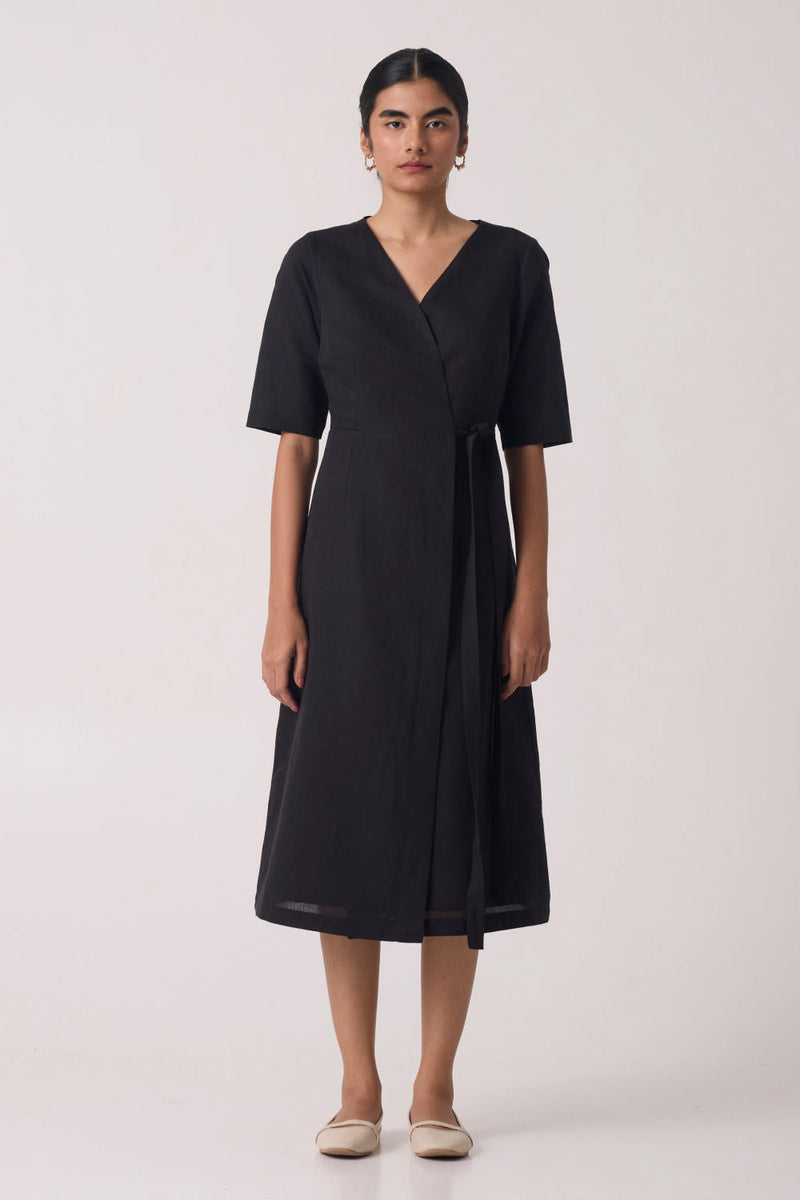 Arandi Black Wrap Dress with Sleeves cotton by The Summer House in black color for women in Worldwide