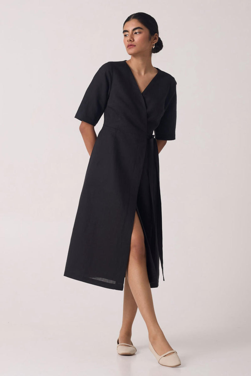 Arandi Black Wrap Dress with Sleeves cotton by The Summer House in black color for women in Worldwide