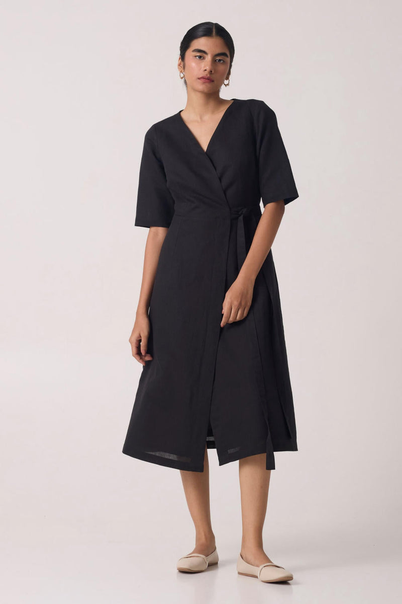 Arandi Black Wrap Dress with Sleeves cotton by The Summer House in black color for women in Worldwide