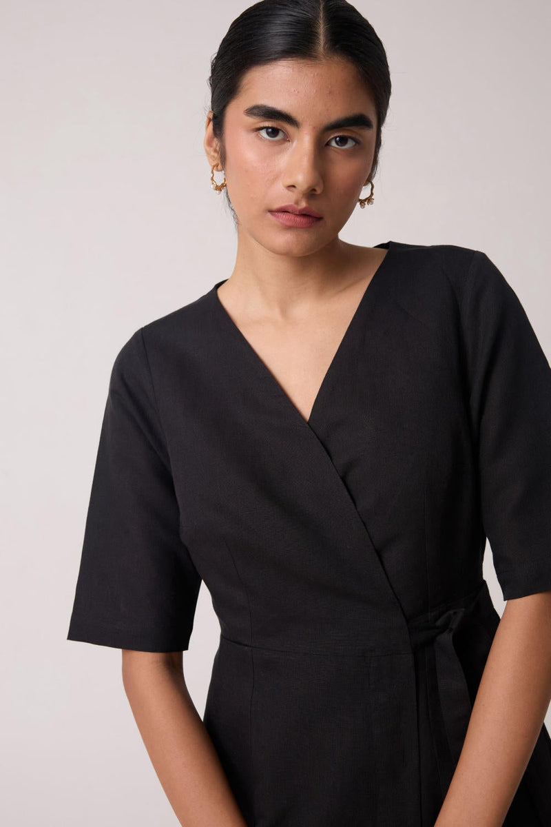 Arandi Black Wrap Dress with Sleeves cotton by The Summer House in black color for women in Worldwide