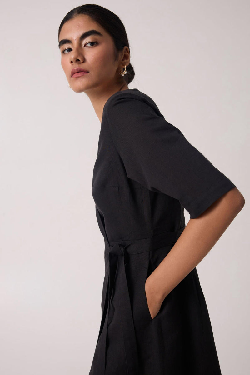 Arandi Black Wrap Dress with Sleeves cotton by The Summer House in black color for women in Worldwide